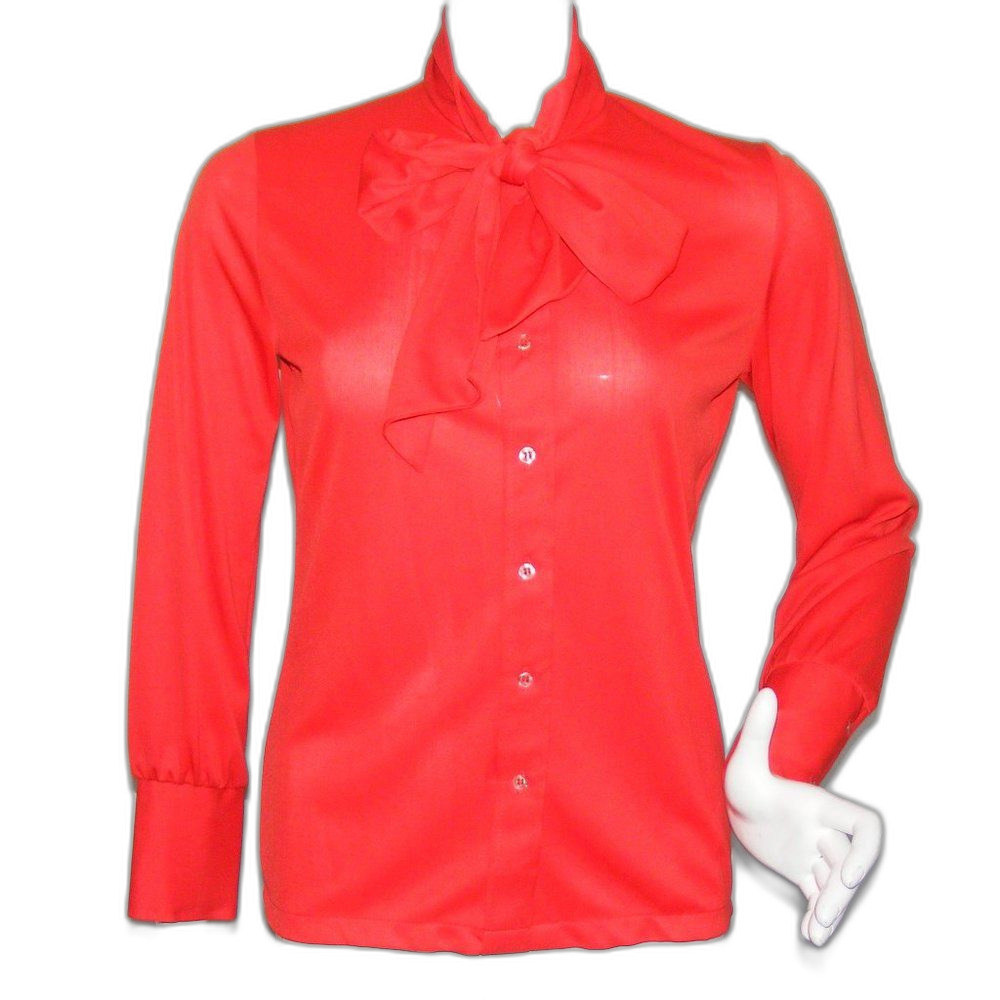 JOYCE Blouse, S, Red Poly, Neck Bow, Long Sleeves, Wide cuffs, VINTAGE